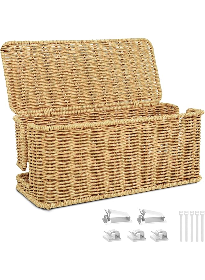 promass Handmade Cable Management Box Imitation Rattan Cable Organizer Box With Lid 2 Open Slots Under Desk Cord Organizer to Hide Power Strips & Cords and Cover Floor TV Wires Computer Usb Hub - Image 1
