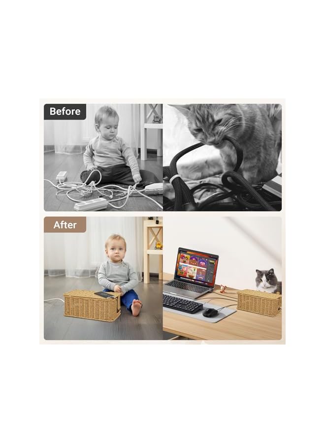 promass Handmade Cable Management Box Imitation Rattan Cable Organizer Box With Lid 2 Open Slots Under Desk Cord Organizer to Hide Power Strips & Cords and Cover Floor TV Wires Computer Usb Hub - Image 5