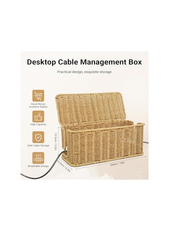 promass Handmade Cable Management Box Imitation Rattan Cable Organizer Box With Lid 2 Open Slots Under Desk Cord Organizer to Hide Power Strips & Cords and Cover Floor TV Wires Computer Usb Hub - Image 4