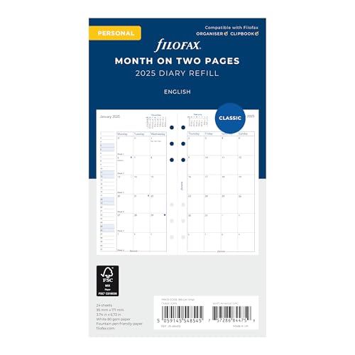 Filofax Calendar Diary Refill, Personal/Compact Size, Month-to-View, White Paper, English, 2025 (C68410-25) - Image 1