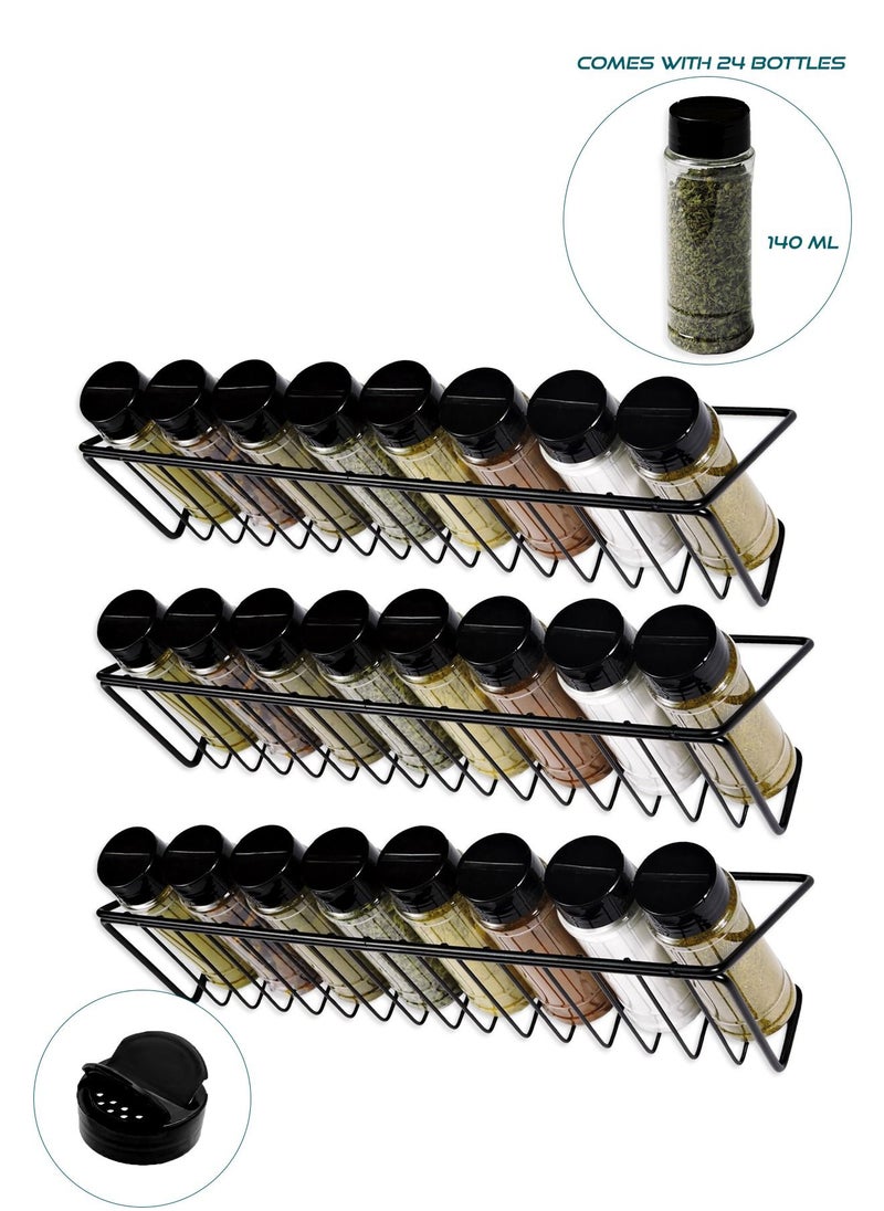 Generic Wall Mounted Steel Spices Three Racks Including 24 Spices Plastic Bottles 
