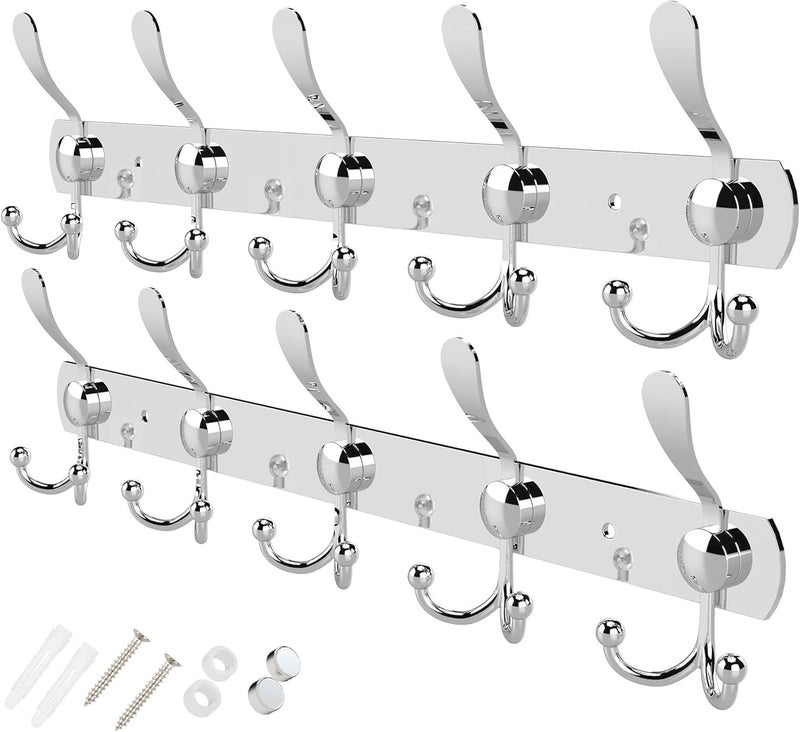 2 Pack Stainless Steel Coat Hooks Wall Mounted 5 Hooks Rack for Clothes - Image 1