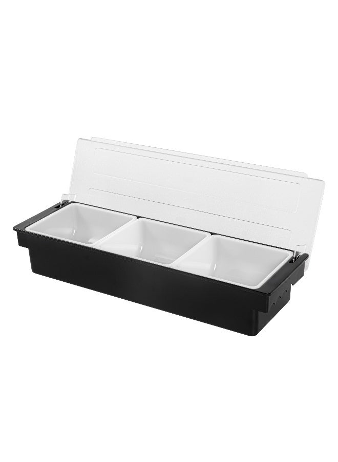 Restaurantware Bar Lux 19.6 x 6.3 x 3.7 Inch Condiment Caddy, 1 Durable Bar Caddy - 3 Removable Compartments, Built-In Lid, Black Plastic Condiment Holder, For Restaurant, Store Cocktail Garnish - Image 1