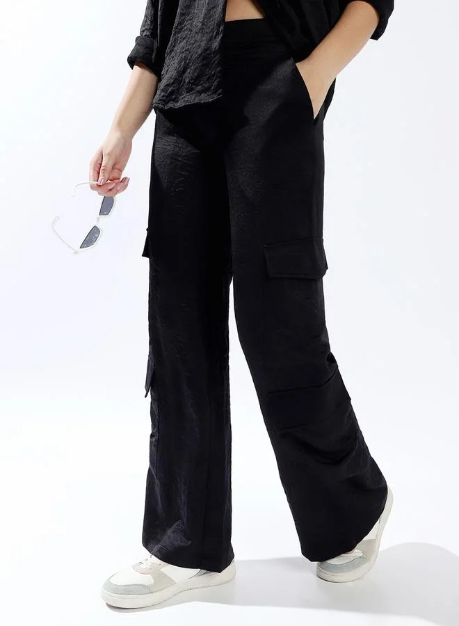 Hubberholme Women's Black 100% Polyester Solid Pattern Full Length Cargo Wide Leg Trouser
