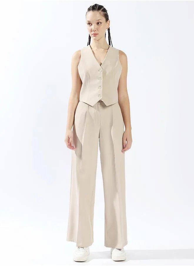 هاي ستار Women Co-Ords, Tailored , Solid, Beige, in 95% polyester 5% spandex, with V-Neck, V-Neck neckline, Sleeveless sleeves, Button closure, Woven weave, High-Rise waist, perfect for Casual. Elevate your look instantly!