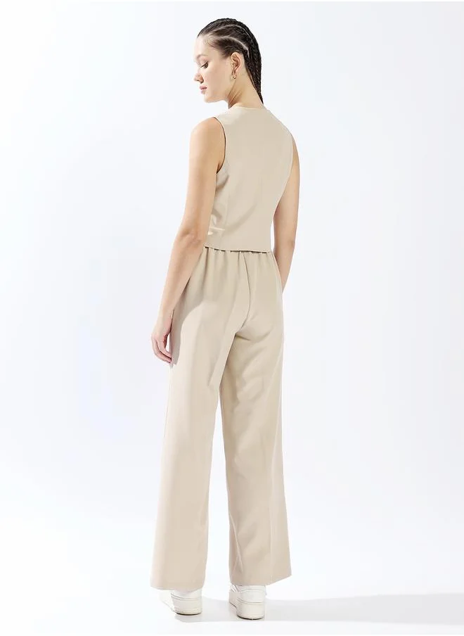 هاي ستار Women Co-Ords, Tailored , Solid, Beige, in 95% polyester 5% spandex, with V-Neck, V-Neck neckline, Sleeveless sleeves, Button closure, Woven weave, High-Rise waist, perfect for Casual. Elevate your look instantly!