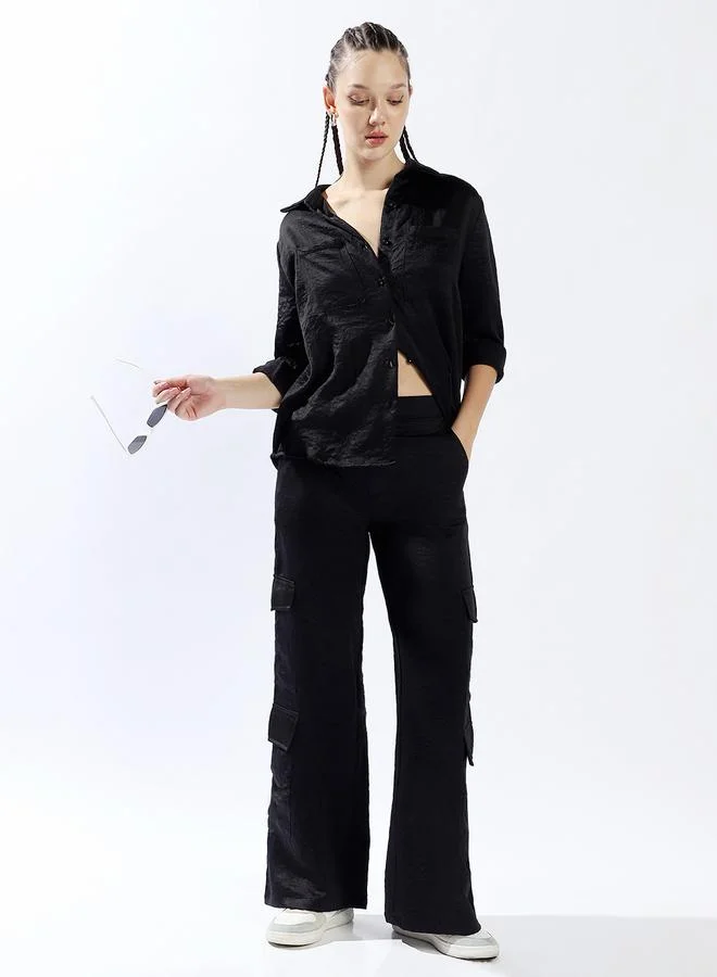 Hubberholme Women's Black 100% Polyester Solid Pattern Full Length Cargo Wide Leg Trouser
