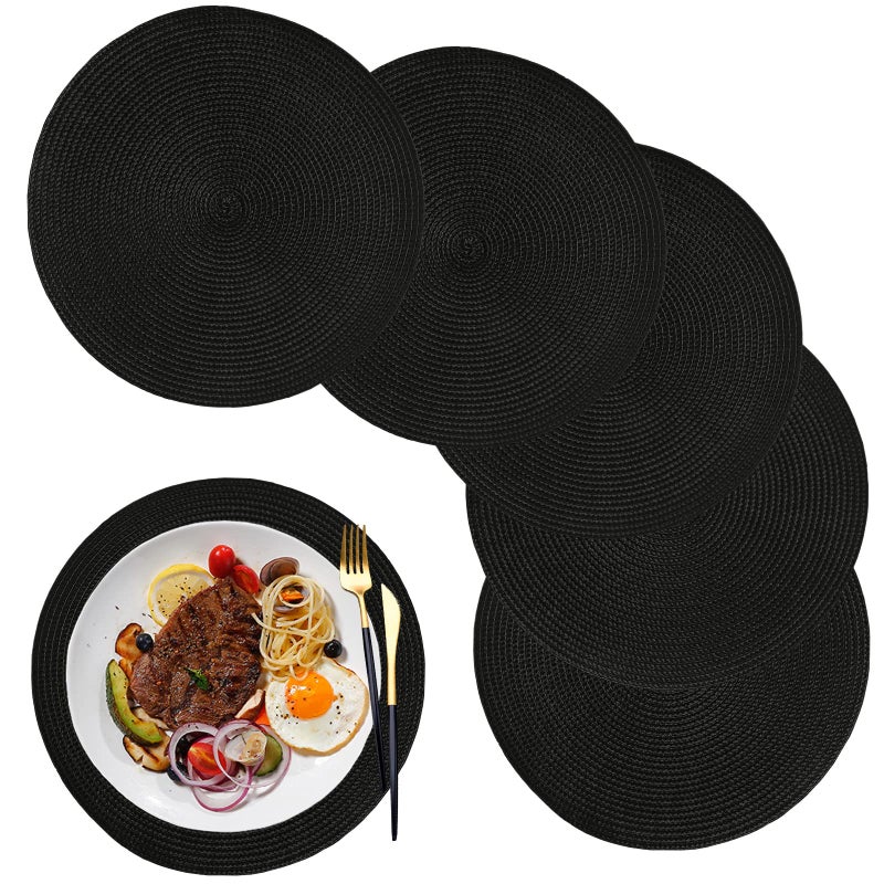 maifey Placemats Black Round Table Mats Set of 6 Washable Heat Resisitant Table Placemats for Indoor Outdoor Home Party Wedding Christmas