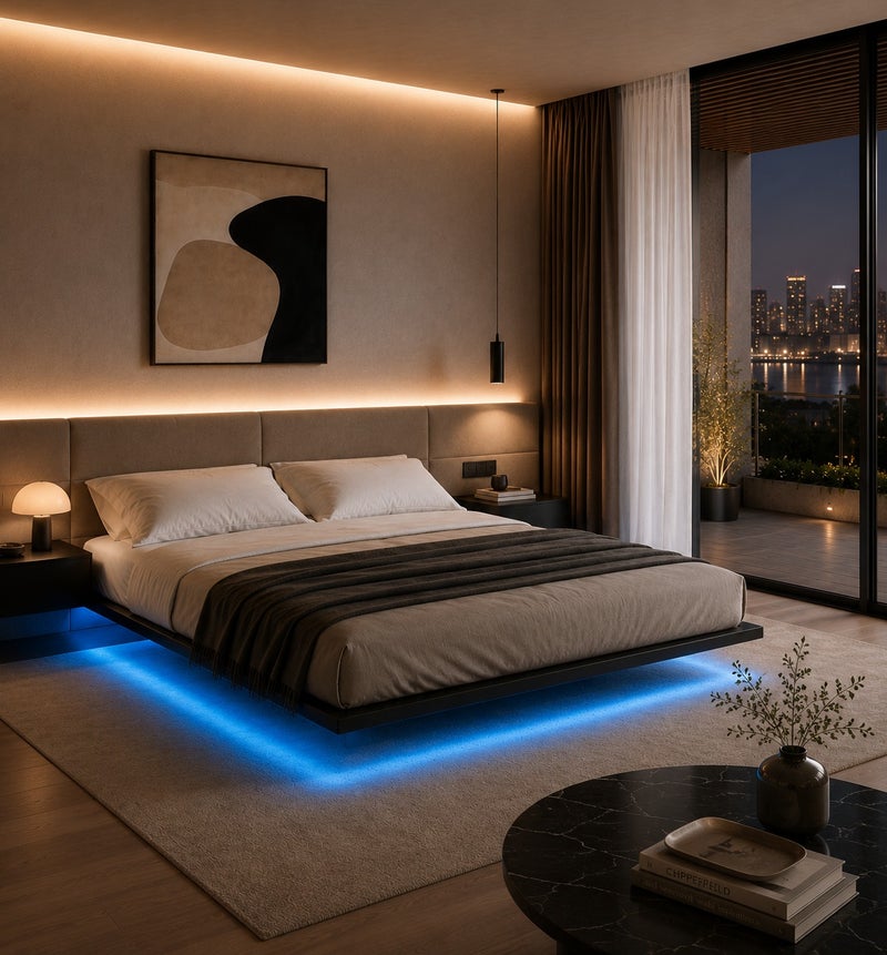 يانارا إطار سرير منصة عائمة مع أضواء LED - إطار معدني حديث للملكة / الملك / الملك السوبر (160x200 / 180x200 / 200x200 سم) - قاعدة قوية خالية من الضوضاء ، لا حاجة إلى ربيع مربع ، تجميع سهل ، تصميم صغير - Image 2