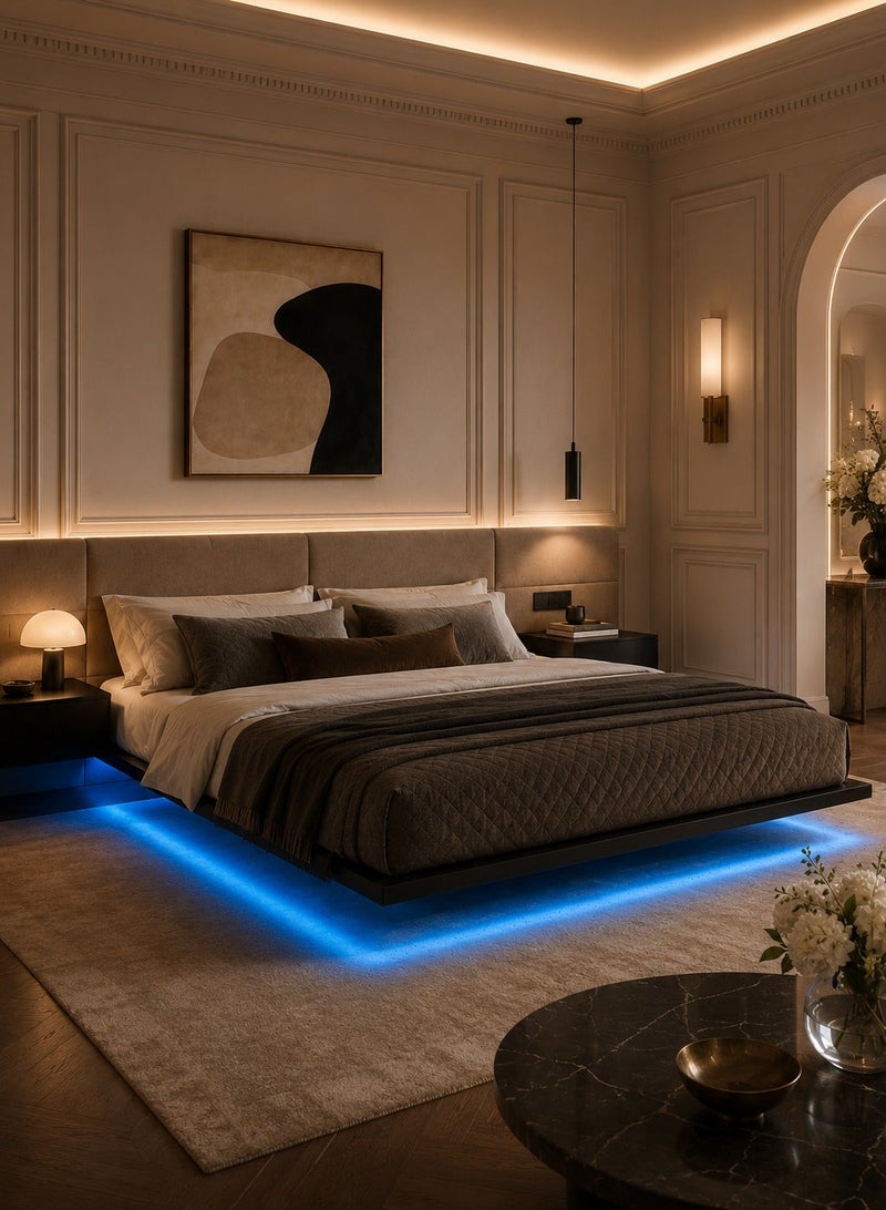 يانارا إطار سرير منصة عائمة مع أضواء LED - إطار معدني حديث للملكة / الملك / الملك السوبر (160x200 / 180x200 / 200x200 سم) - قاعدة قوية خالية من الضوضاء ، لا حاجة إلى ربيع مربع ، تجميع سهل ، تصميم صغير - Image 2