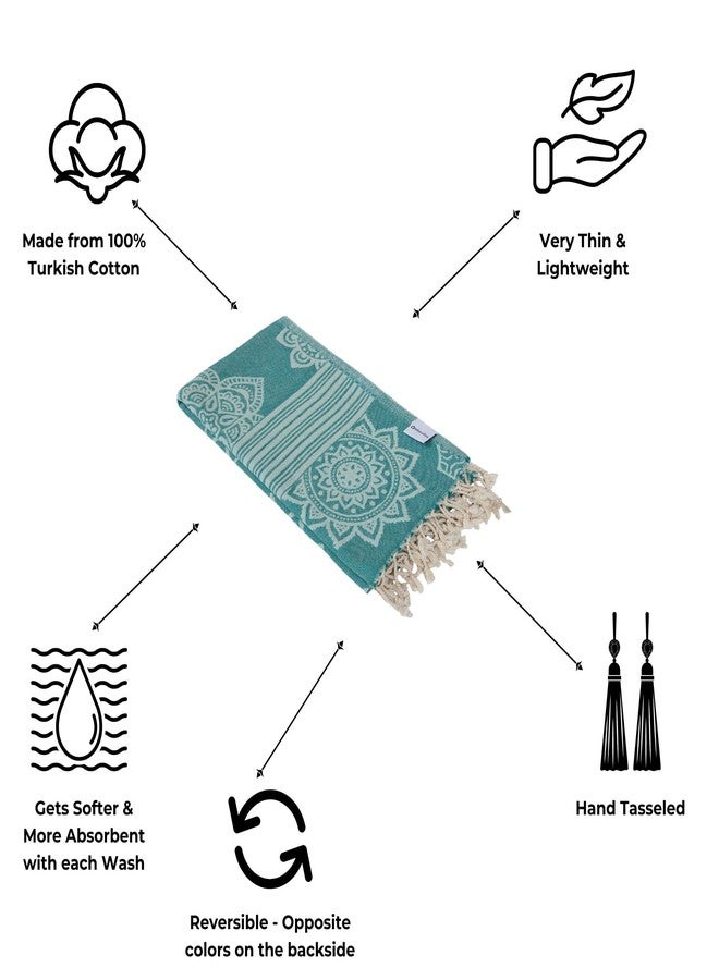 InfuseZen Turkish Bath & Beach Towel - Reversible Medallion Design - 100% Organic Turkish Cotton - Soft, Lightweight, Absorbent Peshtemal -Quick Dry, Sand Free- For Pool, Gym, Throw, Travel- Sea Green - Image 3