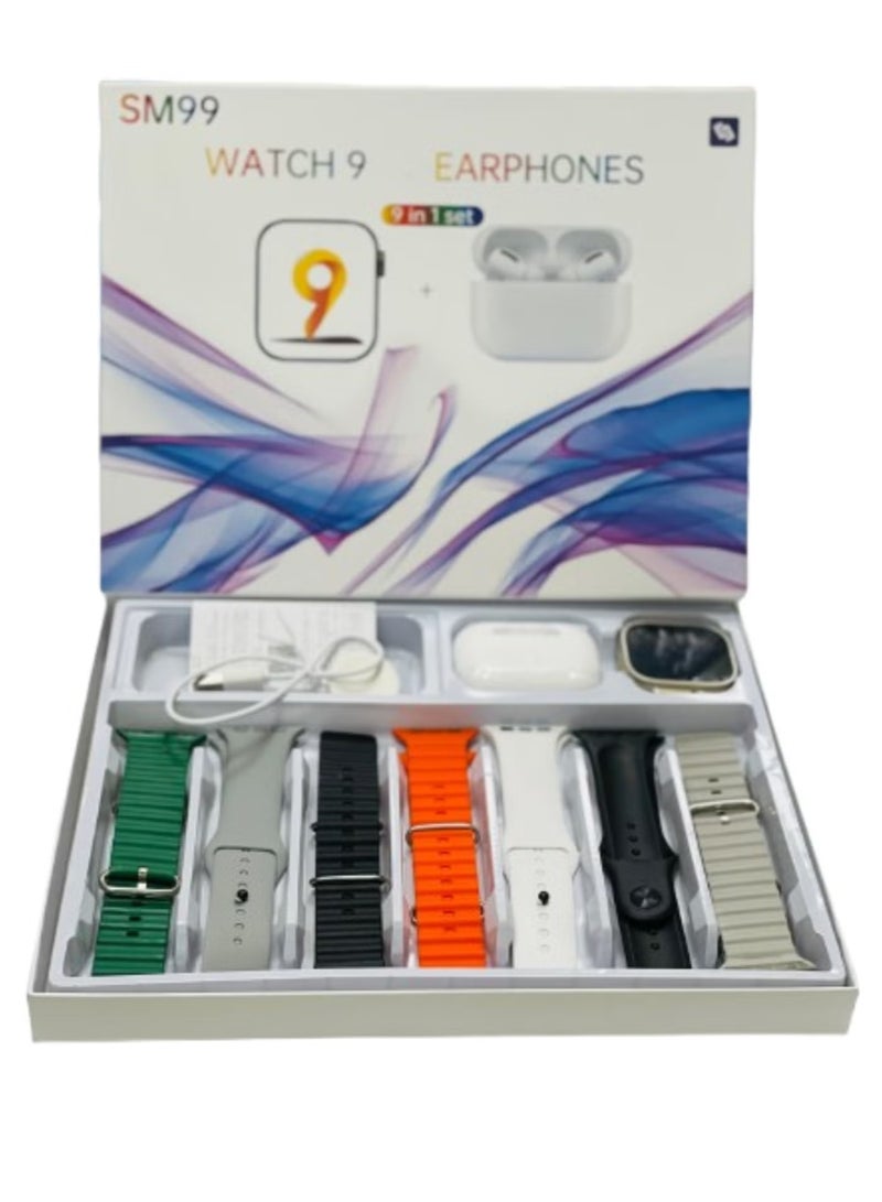 ساعة ذكية فائقة 9 في 1 مع سماعات أذن أو 9 أحزمة، شاشة ملونة تعمل باللمس بالكامل، مكالمات بلوتوث، ساعة ذكية متعددة الألوان للصحة والرياضة