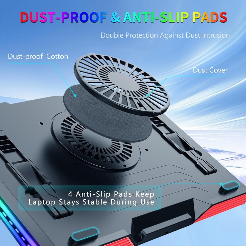 Exrp Gaming Laptop Cooling Pad, RGB Laptop Cooler with 3 Powerful Turbofans, 4 Height Adjustable Laptop Cooling Stand, 5 Fan Speed Touch Control, Seal Memory Foam for Cooling 12-19.3 inch Laptop - Image 5