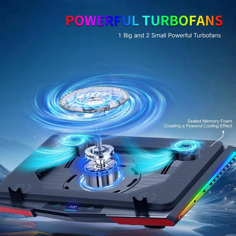 Exrp Gaming Laptop Cooling Pad, RGB Laptop Cooler with 3 Powerful Turbofans, 4 Height Adjustable Laptop Cooling Stand, 5 Fan Speed Touch Control, Seal Memory Foam for Cooling 12-19.3 inch Laptop - Image 2