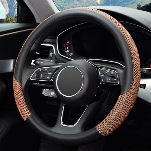 KAFEEK Steering Wheel Cover, Universal 15 inch, Microfiber Leather Viscose, Breathable, Anti-Slip,Warm in Winter and Cool in Summer, Black&Brown - Image 3