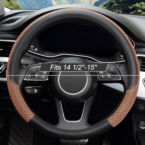 KAFEEK Steering Wheel Cover, Universal 15 inch, Microfiber Leather Viscose, Breathable, Anti-Slip,Warm in Winter and Cool in Summer, Black&Brown - Image 2