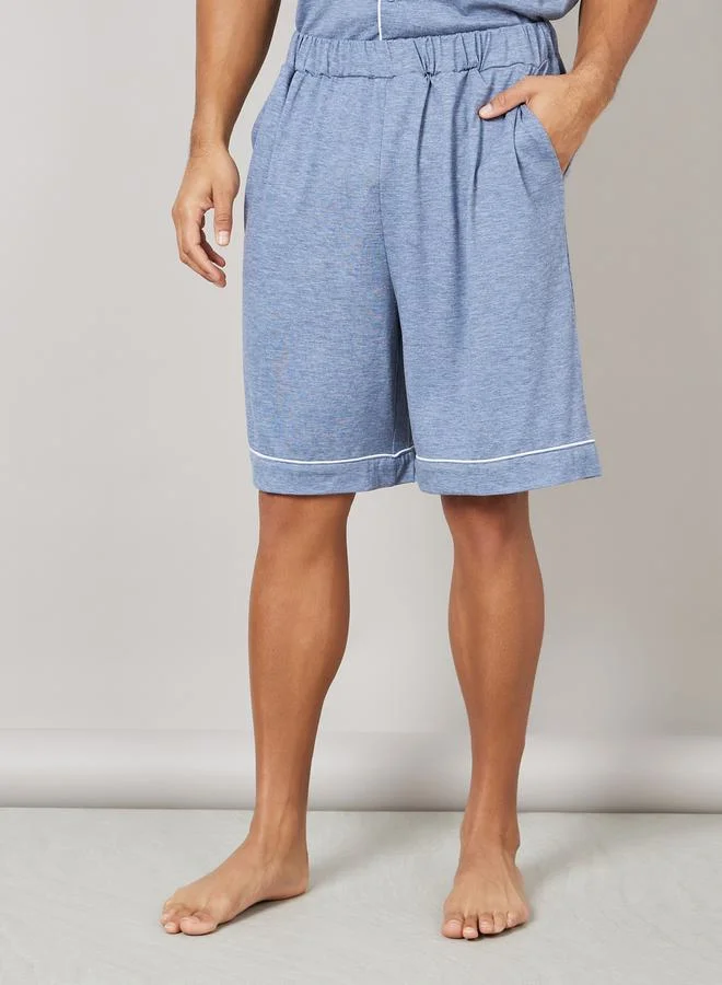 Styli Knitted Resort Collar Shirt and Short Set with Piping Detail