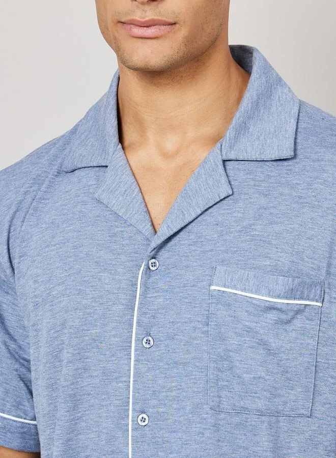 Styli Knitted Resort Collar Shirt and Short Set with Piping Detail