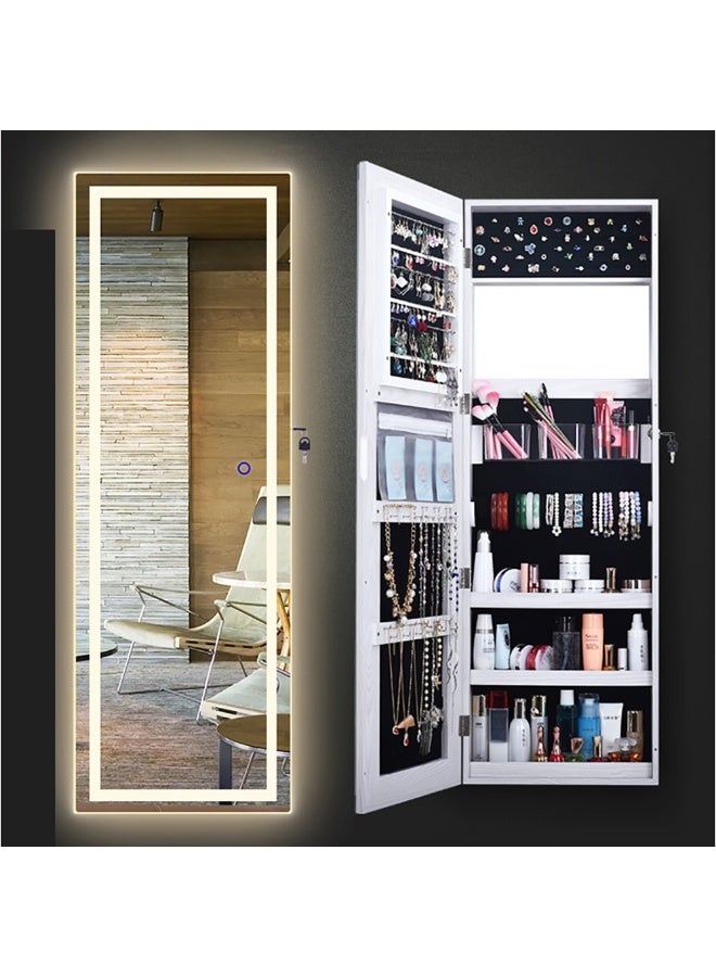 Jewelry Cabinet Mirror, Jewelry Armoire with Frameless Mirror, Wall/Door Mounted, Full Length Mirror with Storage and LED Lights, Lockable Jewelry Organizer, 6139 (White) - Image 4