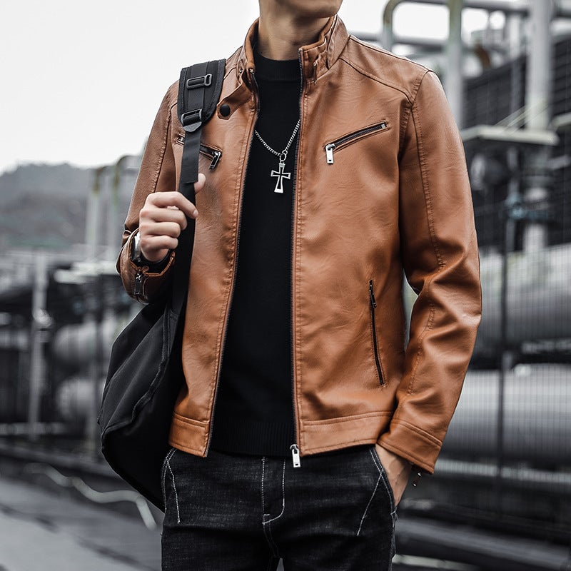 Men'S Pu Leather Jacket Men'S Korean-Style Casual Men'S Stand Collar Slim Motorcycle Leather Jacket Pu Jacket Men'S Youth - Image 4