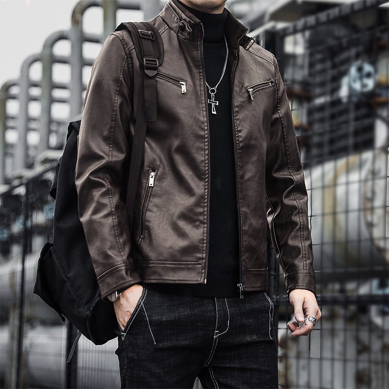 Men'S Pu Leather Jacket Men'S Korean-Style Casual Men'S Stand Collar Slim Motorcycle Leather Jacket Pu Jacket Men'S Youth - Image 5