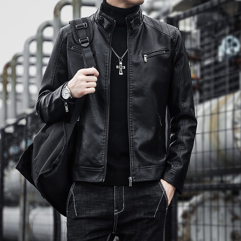 Men'S Pu Leather Jacket Men'S Korean-Style Casual Men'S Stand Collar Slim Motorcycle Leather Jacket Pu Jacket Men'S Youth - Image 2