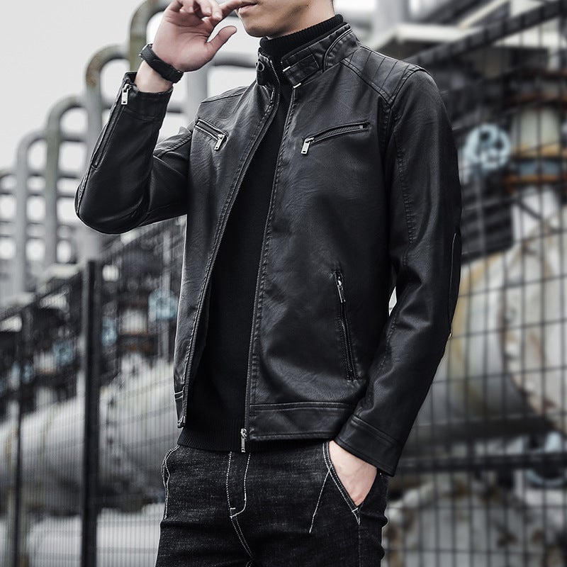 Men'S Pu Leather Jacket Men'S Korean-Style Casual Men'S Stand Collar Slim Motorcycle Leather Jacket Pu Jacket Men'S Youth - Image 3