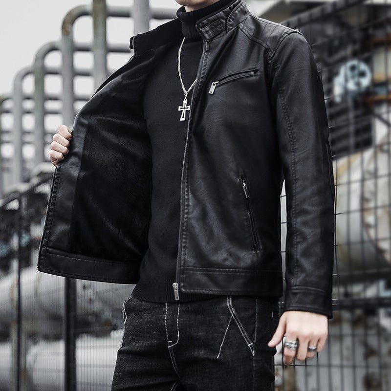 Men'S Pu Leather Jacket Men'S Korean-Style Casual Men'S Stand Collar Slim Motorcycle Leather Jacket Pu Jacket Men'S Youth - Image 1