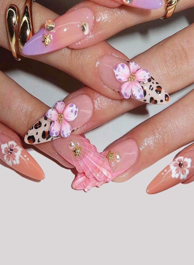 QQPPOLIU Long Press on Nails Stiletto,3D French Tips Fake Acrylic Nails Cute Designs,Flowers and Water Ripples Are Handmade - Image 1