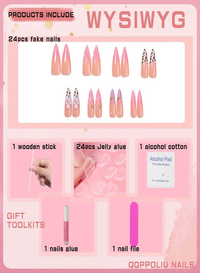 QQPPOLIU Long Press on Nails Stiletto,3D French Tips Fake Acrylic Nails Cute Designs,Flowers and Water Ripples Are Handmade - Image 4