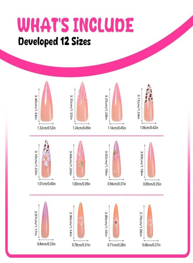 QQPPOLIU Long Press on Nails Stiletto,3D French Tips Fake Acrylic Nails Cute Designs,Flowers and Water Ripples Are Handmade - Image 5