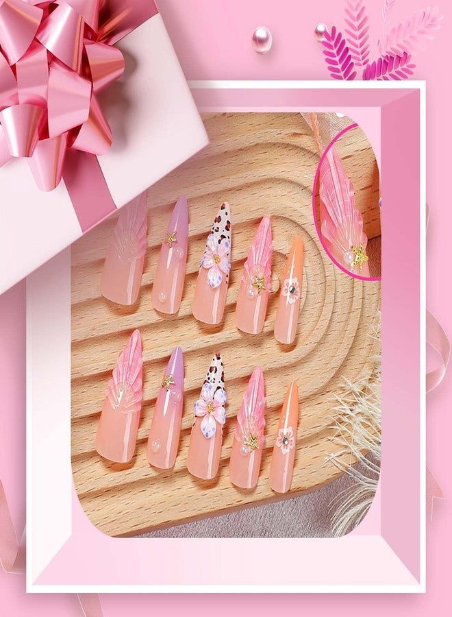 QQPPOLIU Long Press on Nails Stiletto,3D French Tips Fake Acrylic Nails Cute Designs,Flowers and Water Ripples Are Handmade - Image 3