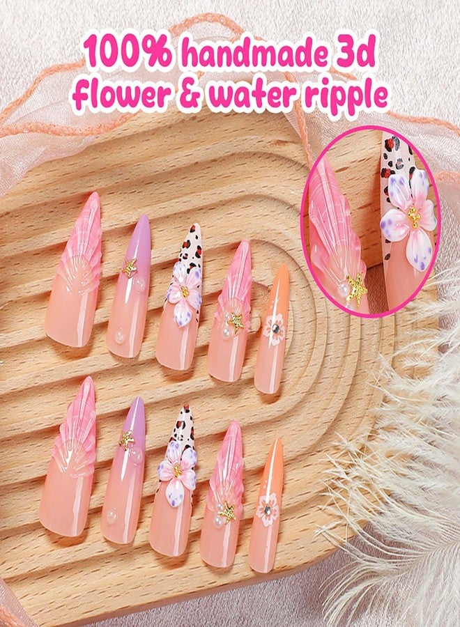 QQPPOLIU Long Press on Nails Stiletto,3D French Tips Fake Acrylic Nails Cute Designs,Flowers and Water Ripples Are Handmade - Image 2