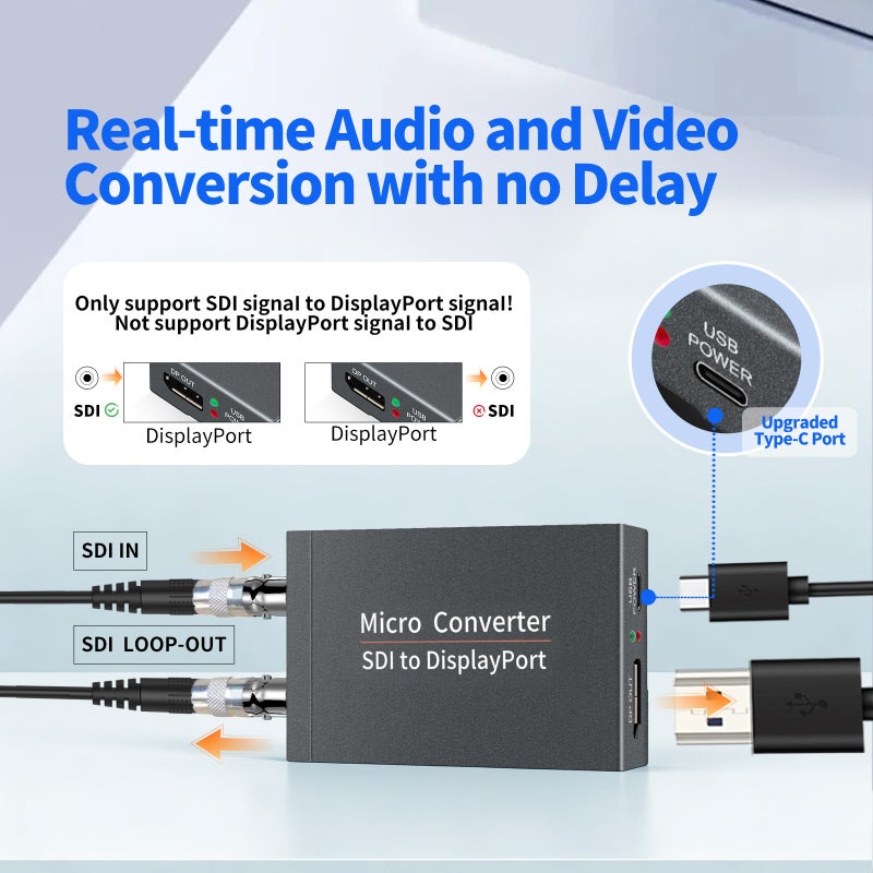 محول SDI إلى DisplayPort: 3G SDI، أسود، بدون تشغيل تلقائي بدون برامج تشغيل - يتضمن تمرير SDI مدمج، محول فيديو يعمل بالطاقة عبر USB للإنتاج المباشر، غرفة التحرير، إعداد غرفة التحكم - Image 4