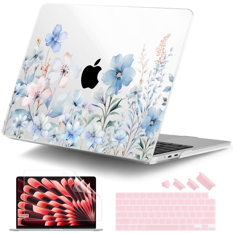DONGKE Compatible with M4 MacBook Air 15 inch Case 2025 2024 2023 A3241 A3114 A2941 M3 M2 Liquid Retina Display Touch ID Plastic Hard Case Keyboard Skin Screen Protector Blue Flowers