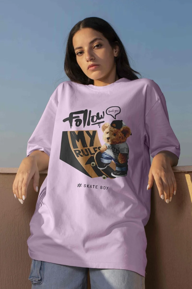 دوغ فش Teddy Printed Women's Oversize Pink T-Shirt