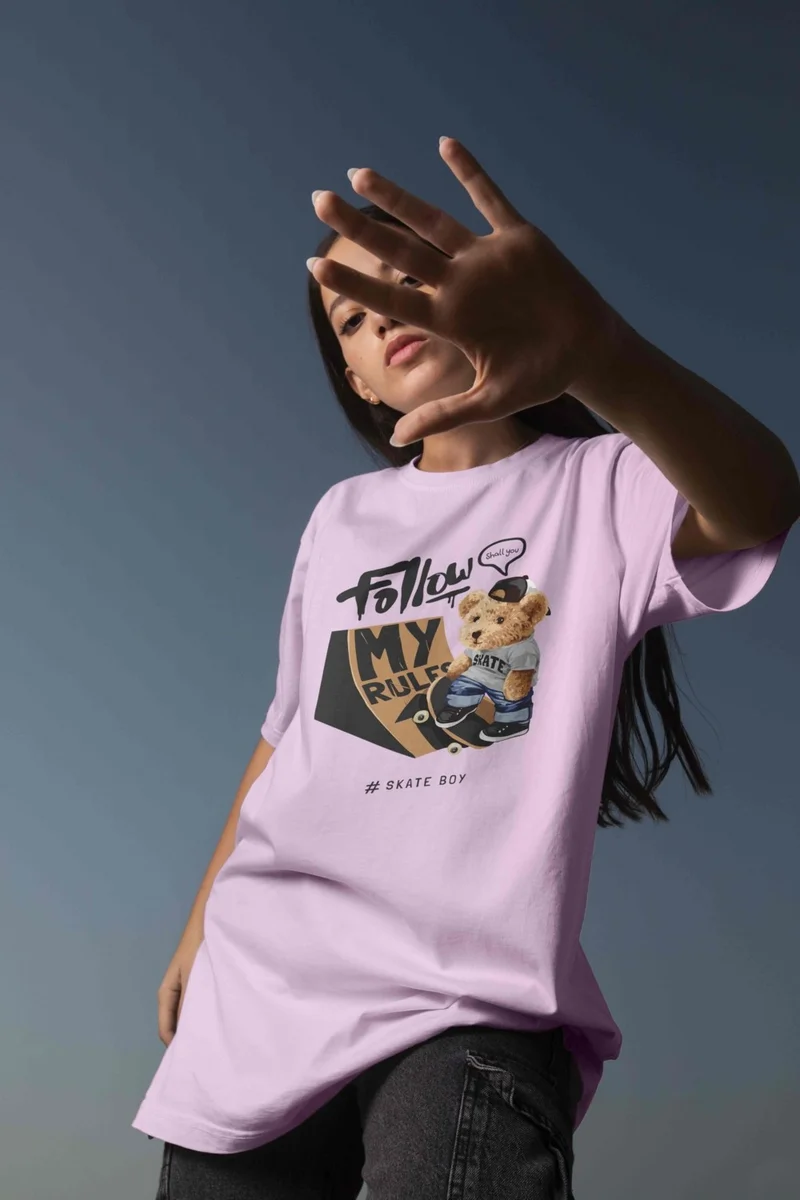 دوغ فش Teddy Printed Women's Oversize Pink T-Shirt