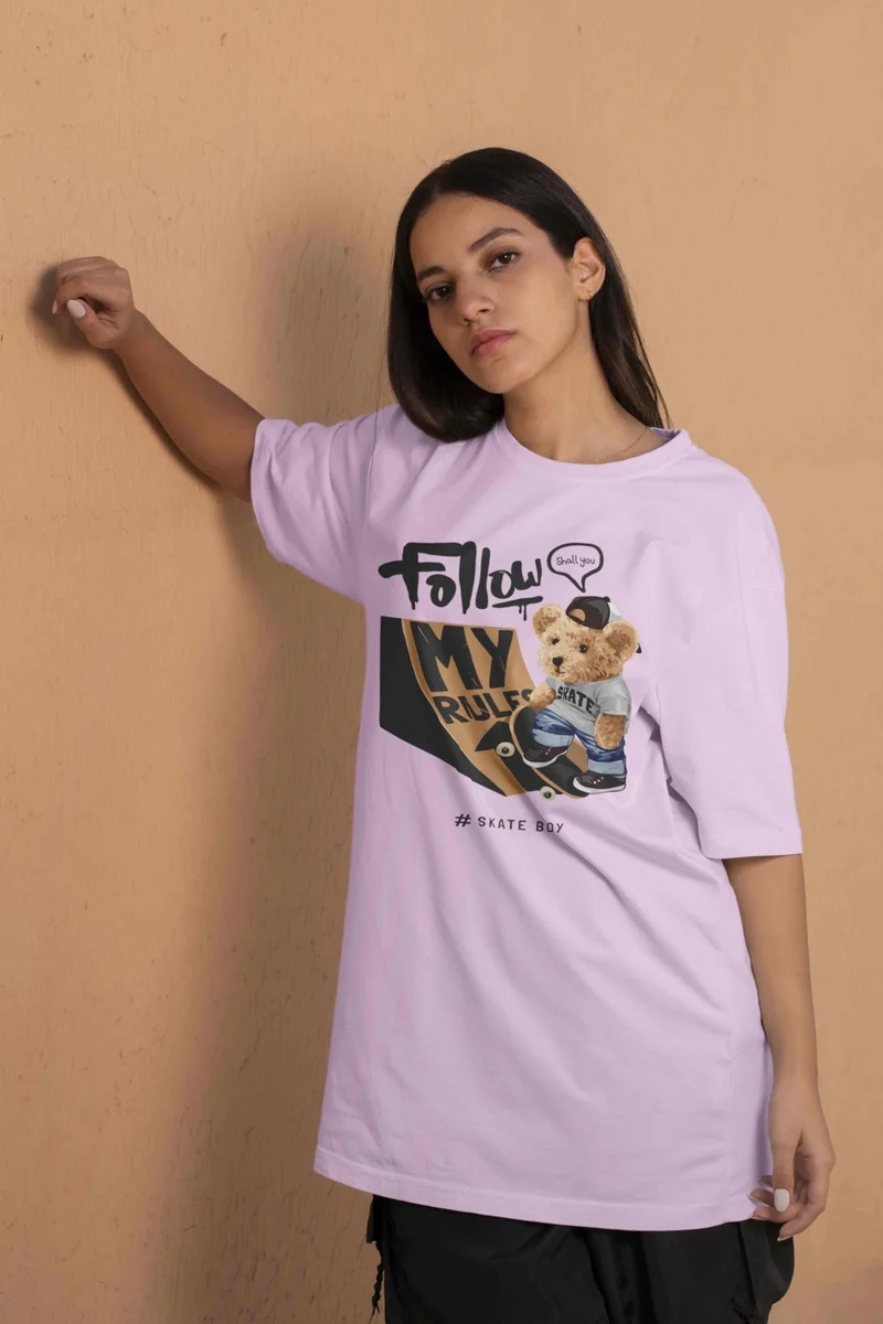 دوغ فش Teddy Printed Women's Oversize Pink T-Shirt