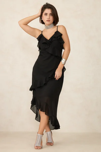فيرجيو Georgette Ruffle Party Wear Detailed Midi Dresses for Women