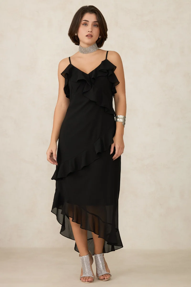 فيرجيو Georgette Ruffle Party Wear Detailed Midi Dresses for Women