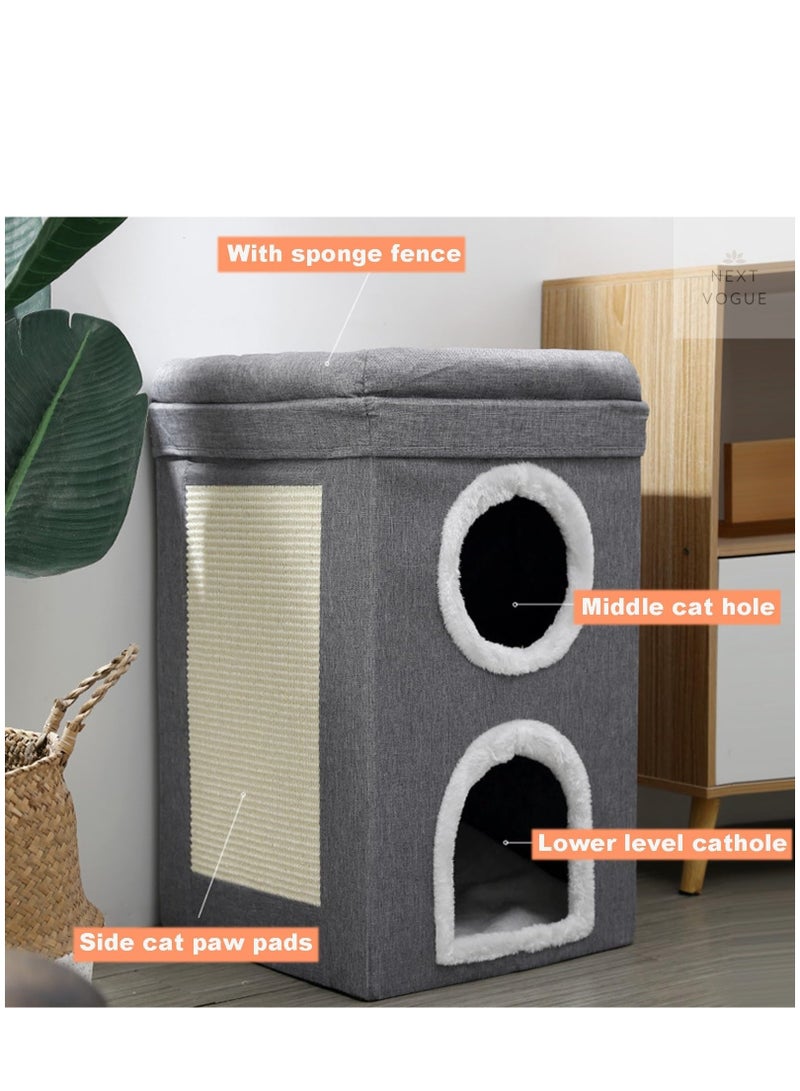 Next Vogue Next Vogue Cat House for Indoor Cat, Cat Condo Bed, 3 Layer Cat Bed with Scratch Pad and Hideaway Cube, Large Enclosed Cat Bed for Multi Cats Family, 62x40x40 CM  - Image 2