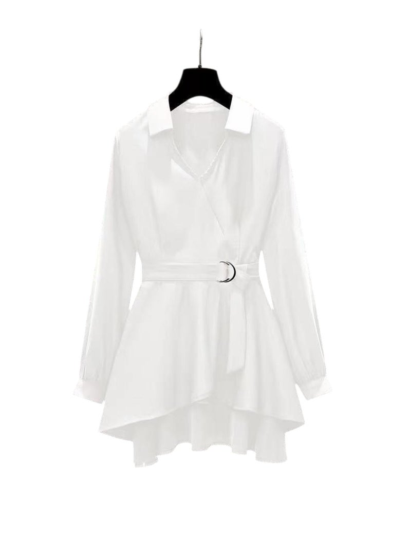 Huitich Women's Plus Size Slim Fit Long Sleeve Top with Asymmetrical Hem and Belt  White, Size XL - Image 1