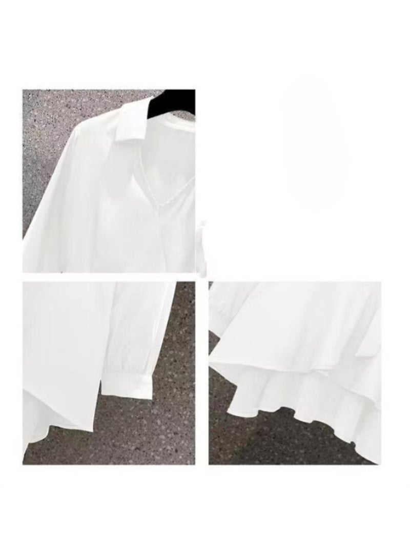 Huitich Women's Plus Size Slim Fit Long Sleeve Top with Asymmetrical Hem and Belt  White, Size XL - Image 2