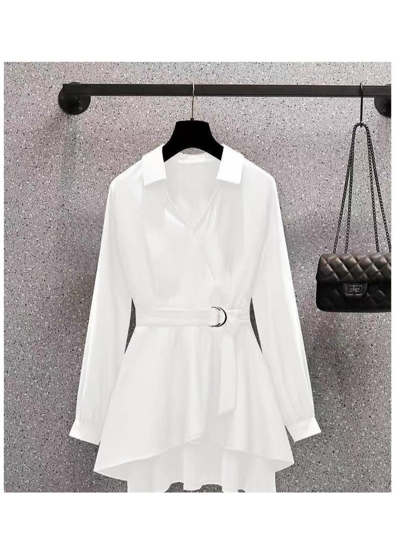 Huitich Women's Plus Size Slim Fit Long Sleeve Top with Asymmetrical Hem and Belt  White, Size XL - Image 3