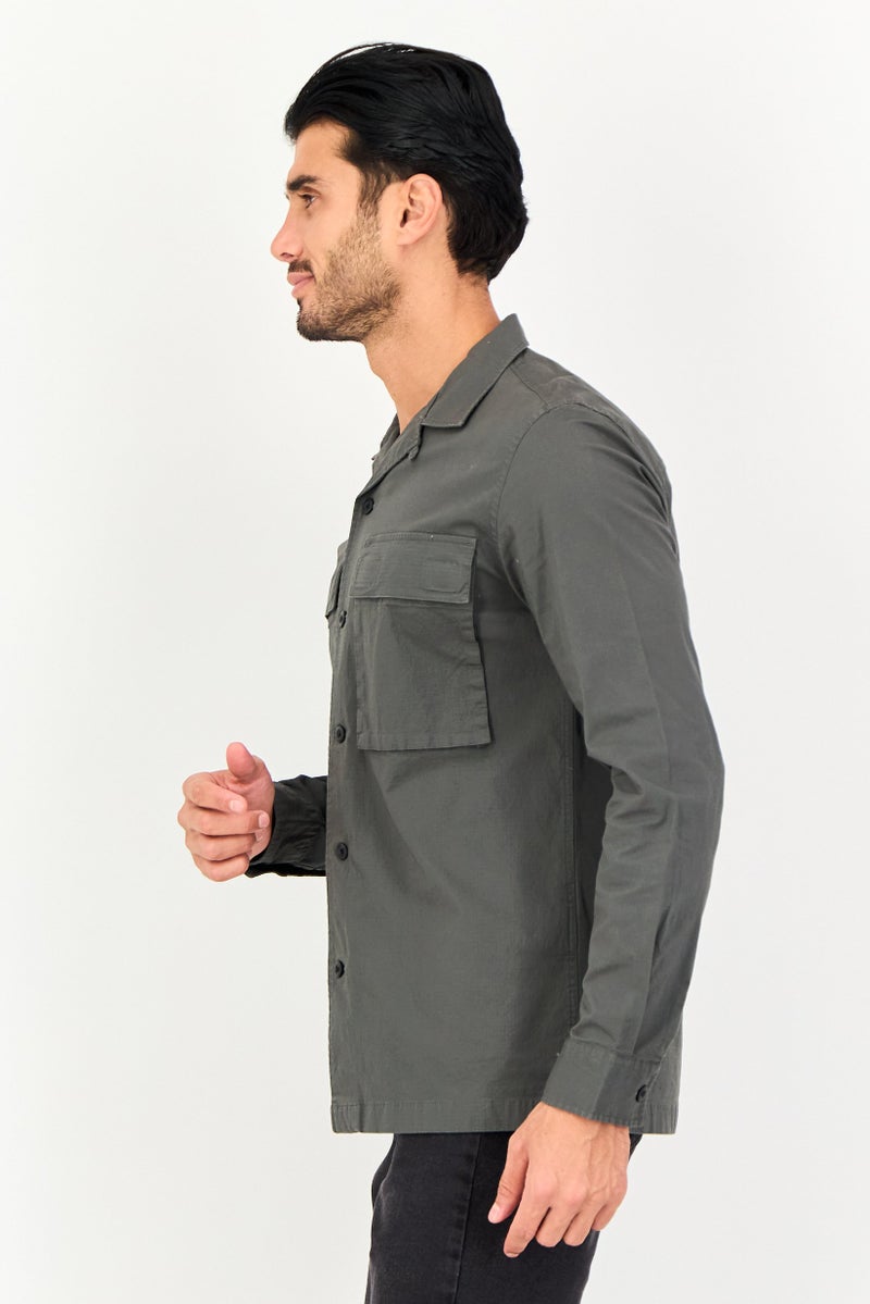 Celio Men Regular Fit Long Sleeve Plain Casual Shirt, Green - Image 3