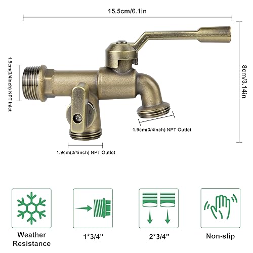 CNYGO Outside Water Faucet,Outdoor Wall Mounted Garden Double Faucets Two 3/4 inch Brass Ball Valves Water Tap Frost-Proof Outside Spigot Replacement with 2 Outlets for Home Balcony (Bronze 3/4" Male Inlet) - Image 2