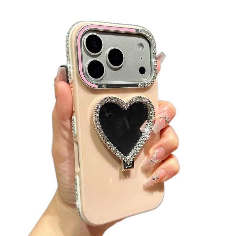 MS Silicone Protective Case for iPhone 15 / 15 Plus / 15 Pro / 15 Pro Max with Diamond Lens Frame and Heart Makeup Mirror plus Shockproof plus Kickstand plus Drop Protection in Mirror - Image 4