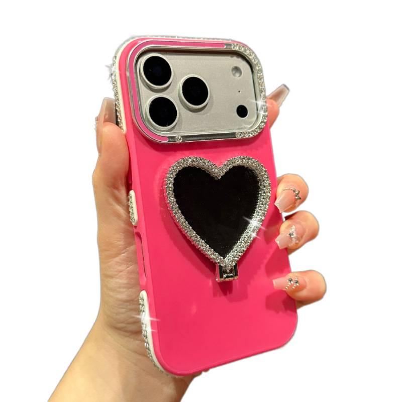 MS Silicone Protective Case for iPhone 15 / 15 Plus / 15 Pro / 15 Pro Max with Diamond Lens Frame and Heart Makeup Mirror plus Shockproof plus Kickstand plus Drop Protection in Mirror - Image 1