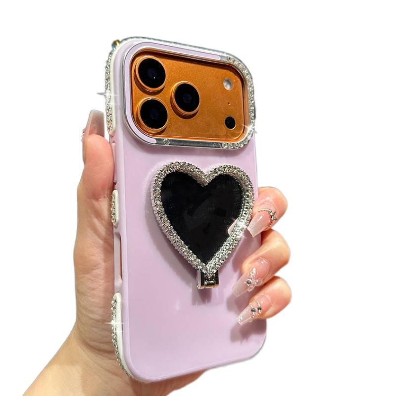MS Silicone Protective Case for iPhone 15 / 15 Plus / 15 Pro / 15 Pro Max with Diamond Lens Frame and Heart Makeup Mirror plus Shockproof plus Kickstand plus Drop Protection in Mirror - Image 5