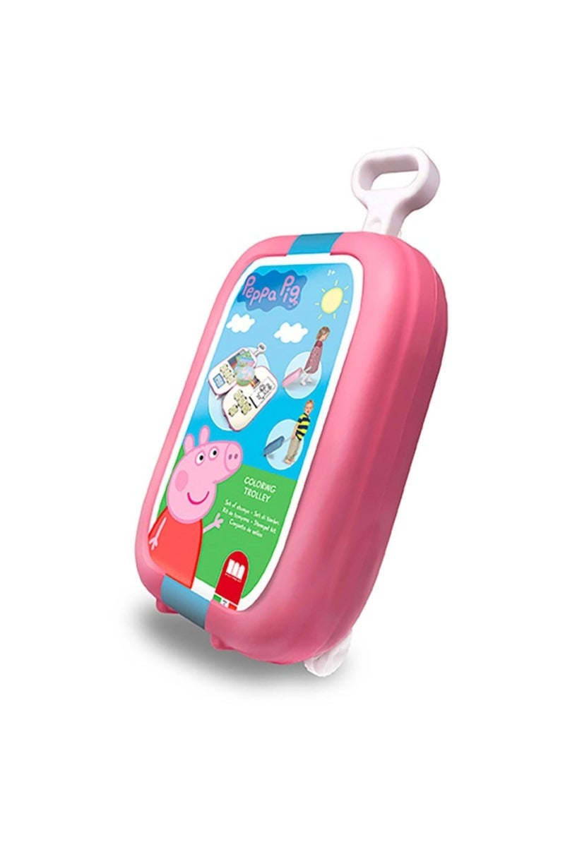 MULTIPRINT Peppa Pig Art Trolley for Kids – Creative Travel Case with 7 Stamps, Ink Pad, 18 Washable Felt Pens, Activity Book, 5 Colour Pencils & 30 Stickers – Rolling Trolley with Handle - Image 4
